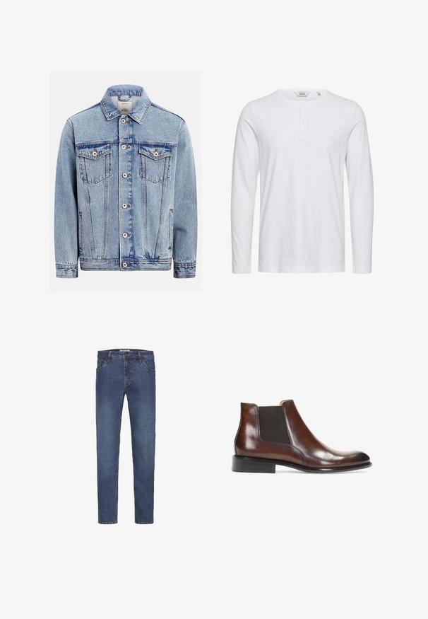 Hellblaue Jeansjacke mit durchgehendem Knopfverschluss vorne, zwei Brusttaschen mit Klappen und Knöpfen, Seitentaschen und klassischem Kragen.; Langärmliges weißes Baumwollhemd mit rundem Ausschnitt, fünf Knöpfen und einer glatten Textur. Einfaches und klassisches Design.; Dunkelblaue Jeans aus Denim mit geradem Bein, ausgestattet mit Gürtelschlaufen, fünf Taschen und einer kontrastierenden Naht entlang der Nähte.; Braune Leder-Stiefelette mit elastischen Seiteneinsätzen, glatter Oberfläche, genähten Details und einem niedrigen rechteckigen Absatz.