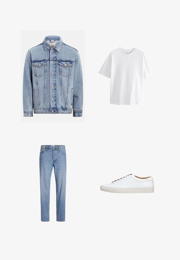 Lichtblauw denimjack met knoopsluiting aan de voorkant, twee borstflappenzakken met knopen, zijzakken en een klassieke kraag.; Effen witte T-shirt met korte mouwen en ronde hals met een ontspannen pasvorm op een witte achtergrond.; Lichtblauwe denim jeans met een rechte snit, standaard vijf-pocketontwerp en zichtbare stiksels. Geen onderscheidende patronen of accenten.; Witte leren sneaker met een gerookte rubberen zool, ronde neus en contrasterende beige binnenkant. Voorzien van vijf veterogen en witte veters.