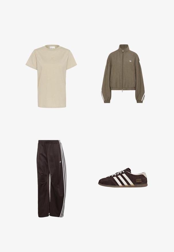 Chaqueta marrón con cremallera y estampado de cuadros, con cuello alto, cintura elástica, rayas blancas en las mangas y pequeño logo blanco en el pecho.; Camiseta de manga corta en color beige claro, confeccionada en una tela suave, con cuello redondo y un sutil logo en relieve en el pecho.; Pantalones de chándal Adidas negros con tres rayas blancas a los lados, cintura elástica, bolsillo lateral con cremallera y logotipo de Adidas en la pierna izquierda.; Zapatillas de ante marrón con tres rayas blancas, suela de goma y etiqueta con texto "Gazelle" en dorado. Diseño con cordones grises.