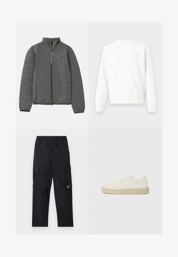 Tmavošedá prešívaná bunda s vysokým golierom, predným zipsom s textom "EA7 Emporio Armani", zipsovými bočnými vreckami a logom na rukáve.; Biele mikina s dlhým rukávom a okrúhlym výstrihom, s rebrovanými manžetami a lemom, s malým vyšívaným logom na ľavej strane hrudníka.; Čierne cargo nohavice s elastickým pásom, bočnými vreckami a malým logom na ľavej nohe. Vyrobené z ľahkej, hladkej tkaniny.; Biele plátenné tenisky s textúrovanou gumovou podrážkou, so šitým špičkovým krytom a logom na päte. Jednoduchý dizajn so šnurovaním.