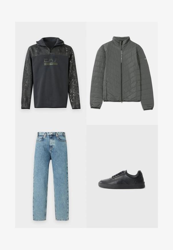 Tumehall paisutatud jakk, millel on kõrgem krae, esiküljel tõmblukk, kus on kirjas "EA7 Emporio Armani", tõmblukuga küljetaskud ja logo kant ülakeerul.; Must have hoodiga, millel on pool tõmblukk, tekstureeritud graafilise mustriga varrukatel ja tumeroheline logo trükk rinnal.; Hele sinised teksapüksid sirge säärega, viie tasku ja messingist nööpidega kinnitusega. Kangal on veidi tekstuuriga, pleekinud välimus.; Must musta kingad sileda viimistlusega, ümar aadress, tekstuuriga külgpaneel ja mustad nöörid. Omab lame kummist tallat ja minimaalset disaini.