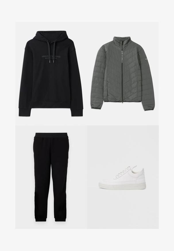 Dunkelgraue gesteppte Jacke mit Stehkragen, Frontreißverschluss mit "EA7 Emporio Armani"-Text, seitlichen Reißverschlusstaschen und Logopatch am Ärmel.; Schwarzer Hoodie aus weichem Material, mit einer verstellbaren Kapuze und gerippten Bündchen. Gesticktes Logo in dunklen Tönen auf der Vorderseite.; Schwarze Sweatpants aus einem weichen Material, mit elastischem Bund, eng anliegenden Bündchen und Seitentaschen für zusätzlichen Komfort.; Weißer Ledersneaker mit abgerundetem Zehenbereich, flacher Sohle und Schnürverschluss. Verfügt über Nahtdetails und einen gepolsterten Kragen für zusätzlichen Komfort.