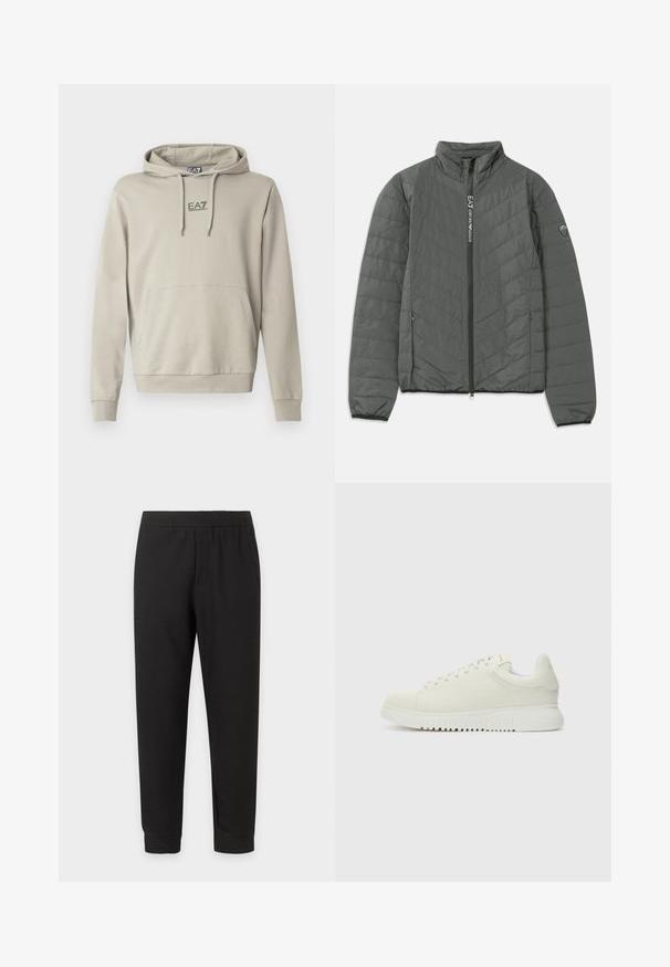 Veste matelassée gris foncé avec col montant, fermeture éclair à l'avant avec le texte "EA7 Emporio Armani", poches latérales zippées et patch logo sur la manche.; Sweat à capuche beige clair avec cordon de serrage, poche kangourou et logo EA7 sur la poitrine. Le tissu semble doux avec une texture lisse.; Pantalon décontracté noir à taille élastique avec jambes effilées et ourlets revers sur fond blanc.; Baskets blanches en cuir avec un dessus texturé, bout rond, semelle plate blanche et lacets ton sur ton. Marque discrète sur la languette.