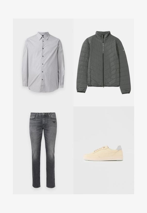 Mørkegrå quiltet jakke med stående krave, frontlynlås med "EA7 Emporio Armani" tekst, lynlåslommer på siden og logo patch på ærmet.; Langærmet skjorte med knapper i lys grå med lille sort geometrisk mønster, standard krave og sorte knapper langs fronten.; Grå denim jeans med slim fit, subtil falmning, fem lommer og et lille logo på baglommen. Standard lige ben design.; Beige lavtop sneaker med snørelukning foran, lyserød sål og grå hællap med mærket "Filling Pieces", vist i profil på ensfarvet baggrund.