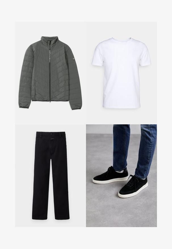 Tmavošedá prešívaná bunda s vysokým golierom, predným zipsom s textom "EA7 Emporio Armani", zipsovými bočnými vreckami a logom na rukáve.; Biela kratkosrstá bavlnená tričko s okrúhlym výstrihom. Jednoduchý dizajn bez vzorov alebo akcentov. Hladká textúra.; Čierne bavlnené nohavice s rovnými nohavicami, ktoré majú predné zapínanie na gombík a zips a bočné vrecká. Jednoduchý a univerzálny štýl.; Čierne semišové tenisky s bielou gumovou podrážkou, s klasickým nízkym strihom, zaoblenou špičkou a plochými čiernymi šnúrkami.