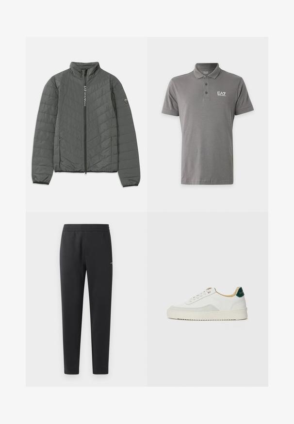 Veste matelassée gris foncé avec col montant, fermeture éclair à l'avant avec le texte "EA7 Emporio Armani", poches latérales zippées et patch logo sur la manche.; Polo gris à manches courtes avec trois boutons et logo blanc "EA7 Emporio Armani" sur la poitrine gauche.; Pantalons de jogging noirs en tissu doux, dotés d'une taille élastique, de jambes droites et d'un petit logo sur le côté.; Baskets blanches avec des accents en daim, bout arrondi, lacets plats et semelle en caoutchouc crème. Présente une marque verte sur le talon.