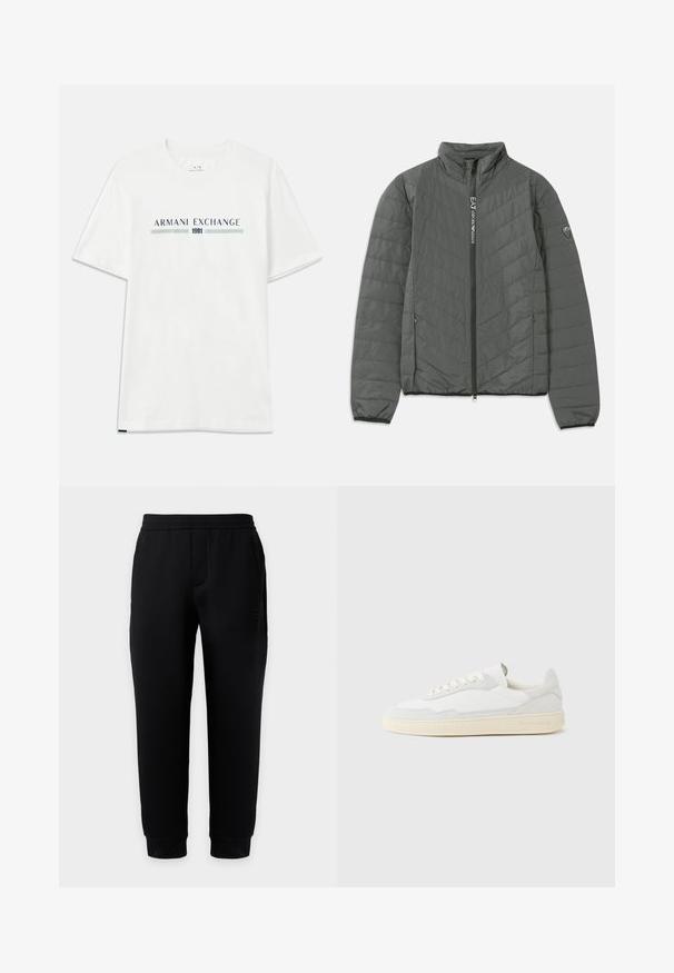 Tmavošedá prešívaná bunda s vysokým golierom, predným zipsom s textom "EA7 Emporio Armani", zipsovými bočnými vreckami a logom na rukáve.; Biele bavlnené tričko s krátkym rukávom, zdobené modrým a zeleným logom "ARMANI EXCHANGE" a s nápisom "1991" umiestneným centrálne pod ním.; Čierne zúžené tepláky s elastickým pásom a manžetami, bočnými vreckami a nenápadným logom na pravom stehne na jednofarebnom pozadí.; Biela teniska s jemne štruktúrovaným zvrškom zo semišu a kože. Má zaoblenú špičku, viazanie na šnúrky a kontrastnú béžovú gumovú podrážku.