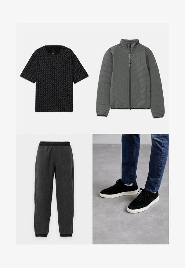 Veste matelassée gris foncé avec col montant, fermeture éclair à l'avant avec le texte "EA7 Emporio Armani", poches latérales zippées et patch logo sur la manche.; T-shirt noir avec un motif texturé de logos 'A' alternés, manches courtes et col rond. Fabriqué en tissu léger.; Pantalons de jogging gris avec un tissu texturé, présentant un motif de logo en tout-over, une taille élastique et des poignets élastiques aux chevilles.; Des baskets en suède noir avec une semelle en caoutchouc blanc, présentant un design classique à talon bas, un bout rond et des lacets plats noirs.