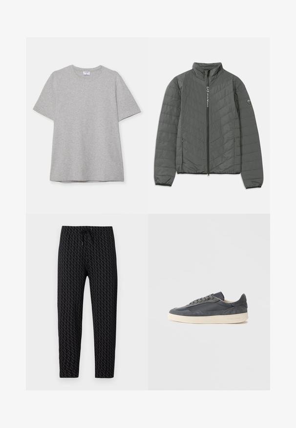 Mørkegrå quiltet jakke med stående krave, frontlynlås med "EA7 Emporio Armani" tekst, lynlåslommer på siden og logo patch på ærmet.; Grå kortærmet T-shirt lavet af blødt, struktureret stof. Har en klassisk rund hals og en lige kant, velegnet til afslappet brug.; Armani Exchange AX LOGO SWEAT PANTS - Træningsbukser - black; Mørkegrå sneakers lavet af læder og ruskind med lavt snit, med en cremefarvet gummisål og flade snørebånd.