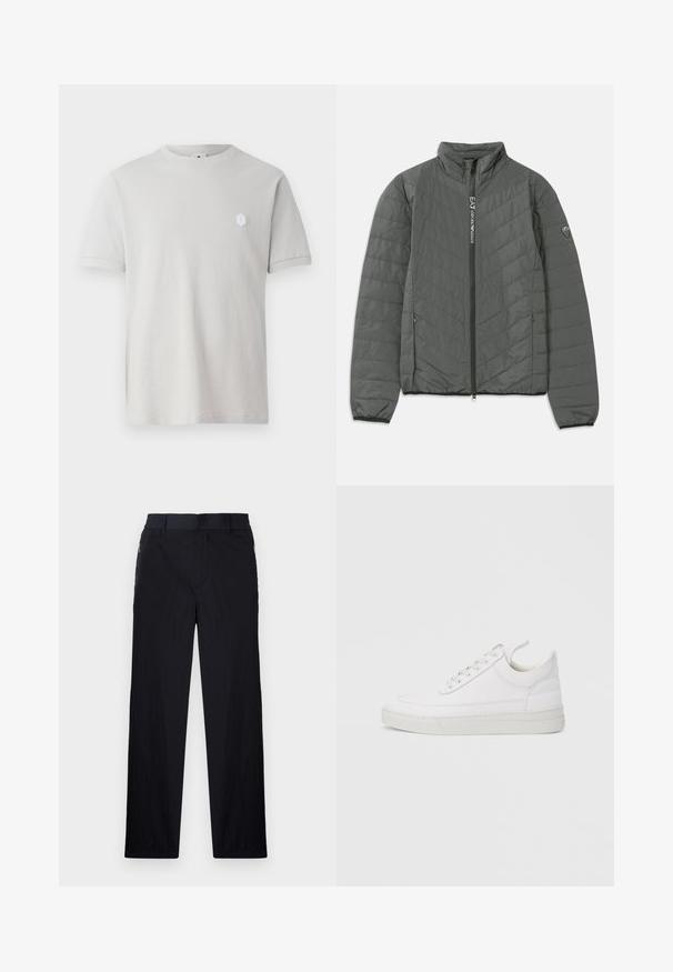 Donkergrijze gewatteerde jas met staande kraag, voorrits met "EA7 Emporio Armani" tekst, ritszakken aan de zijkanten en een logo patch op de mouw.; Lichtgrijze katoenen t-shirt met korte mouwen, ronde hals en een klein wit hexagonaal logo op de bovenste linkerzijde. Glad textuur.; Zwarte broek van een lichtgewicht, gestructureerde stof, met een recht model, elastische Tailleband en zijzakken met rits.; Witte leren sneaker met een afgeronde neus, platte zool en veters aan de voorkant. Voorzien van stikseldetails en een gevoerde kraag voor comfort.