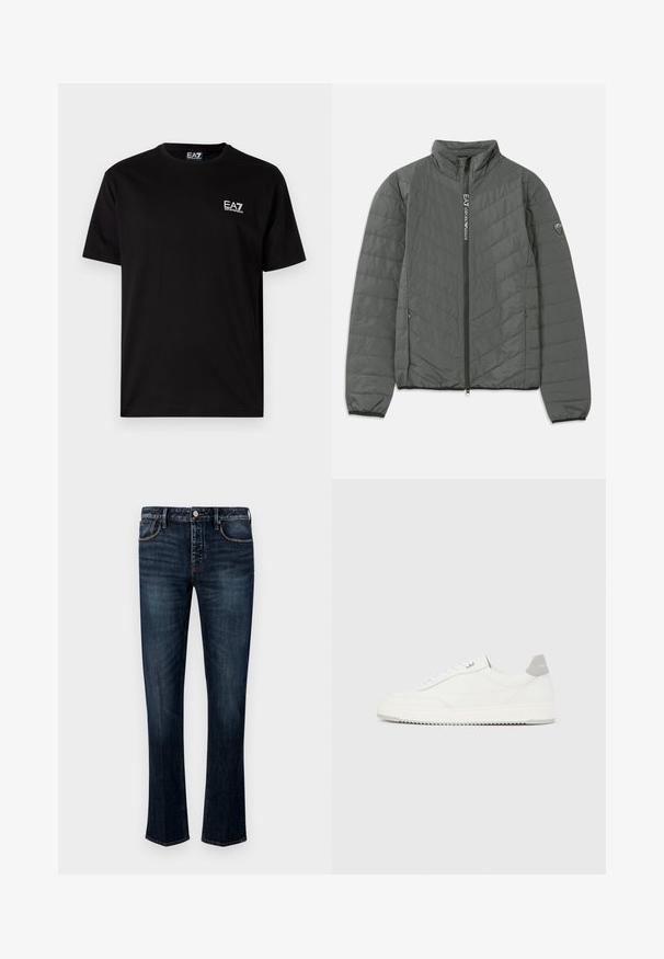 Chaqueta acolchada gris oscuro con cuello alto, cierre frontal con texto "EA7 Emporio Armani", bolsillos laterales con cremallera y parche de logo en la manga.; Camiseta de algodón negra con mangas cortas, cuello redondo y pequeño logo blanco de EA7 en el lado izquierdo del pecho. Textura suave, ajuste regular.; Jeans de mezclilla azul oscuro con un diseño de pierna recta, que cuentan con un estilo de cinco bolsillos, costuras visibles y un cierre de botón y cremallera.; Zapatilla blanca de corte bajo con pestaña en el talón gris, cordones blancos y suela texturizada, presentada sobre un fondo claro y liso.