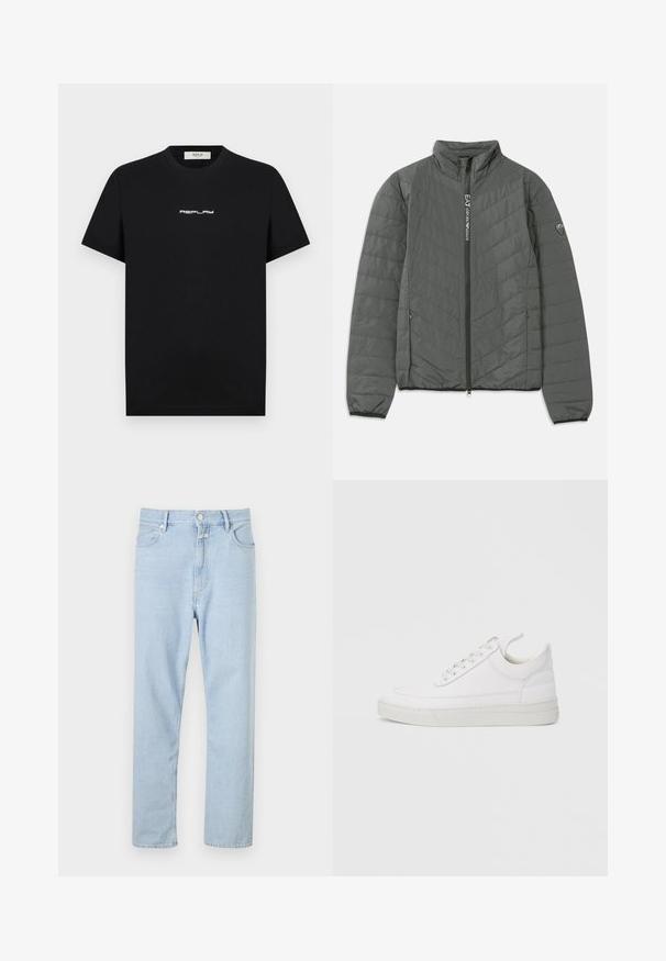 Veste matelassée gris foncé avec col montant, fermeture éclair à l'avant avec le texte "EA7 Emporio Armani", poches latérales zippées et patch logo sur la manche.; T-shirt en coton noir à manches courtes et col rond, arborant un logo blanc "REPLAY" centré sur la poitrine.; Jeans droit en denim bleu clair, dotés d'une fermeture à boutons et à zip, de cinq poches et d'une légère décoloration sur le tissu.; Baskets en cuir blanc avec un embout arrondi, une semelle plate et un laçage à l'avant. Présentent des détails de couture et un col rembourré pour plus de confort.