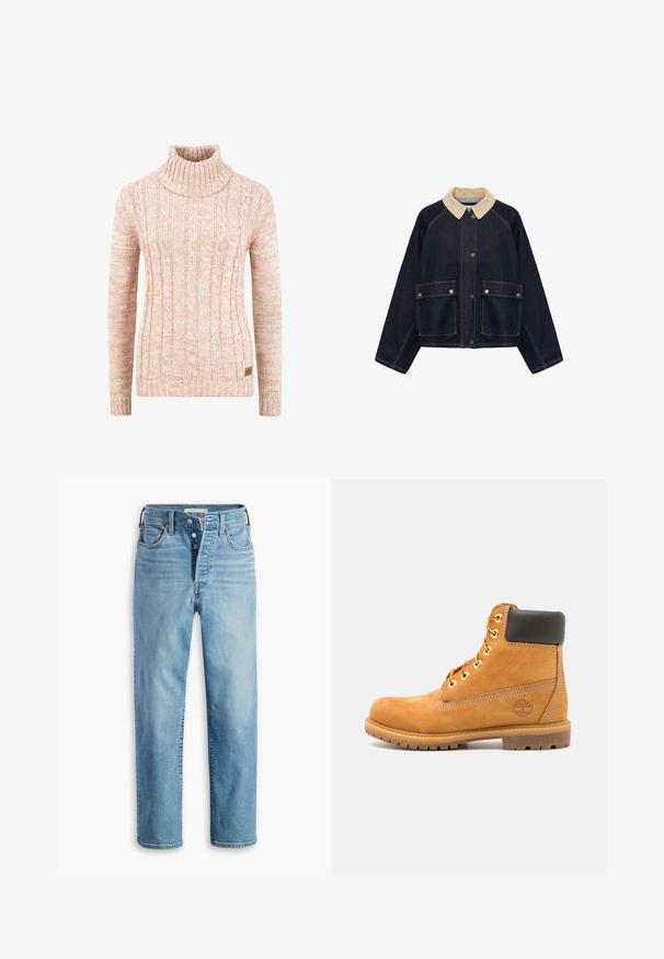 Veste en denim foncé avec col en velours côtelé beige, boutons-pression sur le devant, et deux grandes poches à rabat avec boutons-pression.; Pull en col roulé tricoté en doux pêche avec un motif en relief de câble, des manches longues et une étiquette de marque tissée sur l'ourlet.; Jean en denim bleu clair avec braguette à boutons, jambes droites, cinq poches et légère décoloration. Des rivets en cuivre et des détails de couture sont visibles.; Bottine en cuir marron avec rembourrage noir, œillets dorés et semelle texturée. Présente un logo circulaire sur le côté et des accents de couture.