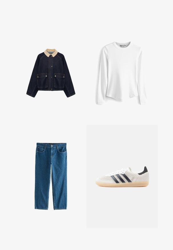Donkere spijkerjas met beige ribfluwelen kraag, drukknoopsluiting aan de voorkant en twee grote klepzakken met drukkers.; Witte langesleeve geribde t-shirt met een ronde halslijn. Heeft een losse pasvorm en een zachte textuur, waardoor het een veelzijdige en ademende optie biedt.; Blauwe spijkerbroek van denim met een geruit patroon. Heeft vijf zakken, een rits en een standaard riemlus tailleband. Ruime pasvorm, rechte pijpen.; Witte sneakers van mesh met een zwart ontwerp van drie strepen, een ronde neus en een rubberen gumzool. Voorzien van een zachte hielkraag en een vetersluiting.