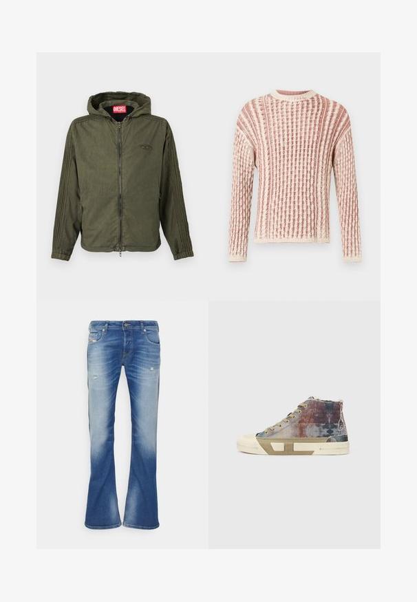 Chaqueta con capucha de color verde aceituna fabricada con tela ligera. Presenta una cremallera frontal, puños elásticos y rayas texturizadas a lo largo de los laterales. Logotipo de la marca visible.; Suéter texturizado en suaves tonos de rosa y crema, con un patrón acanalado, cuello redondo y mangas largas.; Vaqueros bootcut desgastados en azul con ligero desgarro en los muslos delanteros y diseño clásico de cinco bolsillos sobre fondo blanco.; Zapatillas de caña alta con parte superior de lona multicolor con patrones desvanecidos, suela beige y diseño minimalista. Costuras expuestas y detalles.