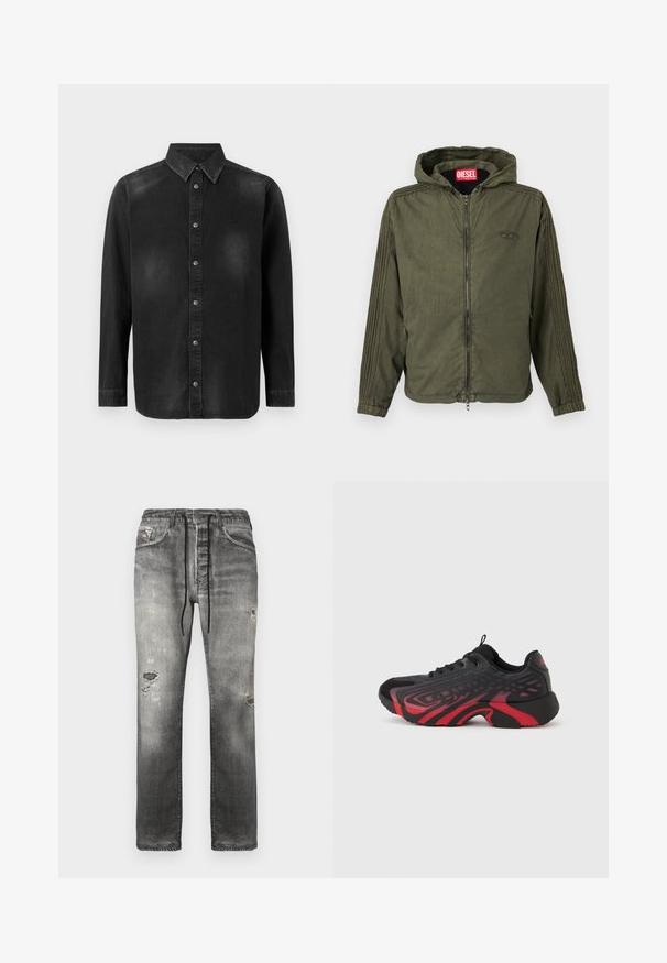 Olivgrüne Kapuzenjacke aus leichtem Stoff. Verfügt über einen Frontreißverschluss, elastische Bündchen und strukturierte Streifen entlang der Seiten. Markenlogo sichtbar.; Schwarze Denim-Hemd mit Button-Down-Kragen, langen Ärmeln und einer vorderen Knopfleiste. Verfügt über dezente Verblassungen und eine taillierte Passform.; Graue Jeans aus Denim mit lockerem Schnitt, ausgewaschenen Bereichen, abgenutzten Details und einem Kordelzugbund für verstellbaren Tragekomfort.; Schwarz-rotfarbener Sportschuh mit strukturiertem Obermaterial und Musterdetails, Schnürverschluss und dicker Gummisohle.
