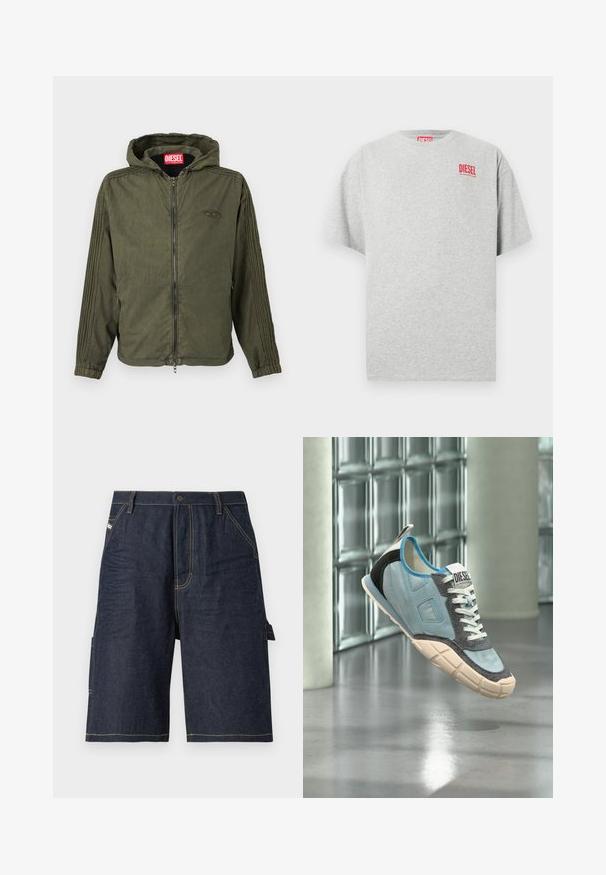 Veste à capuche vert olive en tissu léger. Dotée d'une fermeture éclair frontale, de poignets élastiques et de rayures texturées sur les côtés. Logo de la marque visible.; T-shirt en coton gris avec un col rond et des manches courtes. Présente un petit logo rouge « DIESEL » sur la poitrine. Texture lisse.; Shorts en denim bleu foncé avec une coupe droite, cinq poches, des détails de couture jaune et une poche latérale pour une fonctionnalité supplémentaire.; Baskets bleu clair et gris avec lacets blancs et semelle beige flottant à l'intérieur sur un sol en béton poli près d'un mur en blocs de verre.