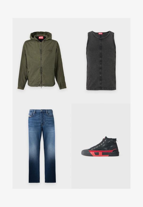 Olivgrüne Kapuzenjacke aus leichtem Stoff. Verfügt über einen Frontreißverschluss, elastische Bündchen und strukturierte Streifen entlang der Seiten. Markenlogo sichtbar.; Ärmelloses schwarzes Denim-Top mit runder Ausschnitt, sichtbaren Nähten und einem roten Markenetikett am Kragen.; Dunkelblaue Jeans aus Denim mit geradem Bein und einem ausgewaschenen Effekt. Enthält einen Frontknopfverschluss und Taschen.; Schwarze High-Top-Sneaker mit roten Akzenten und einem abgenutzten Finish. Verfügt über ein strukturiertes Canvas-Obermaterial und eine Gummisohle mit Ausschnitt-Design.