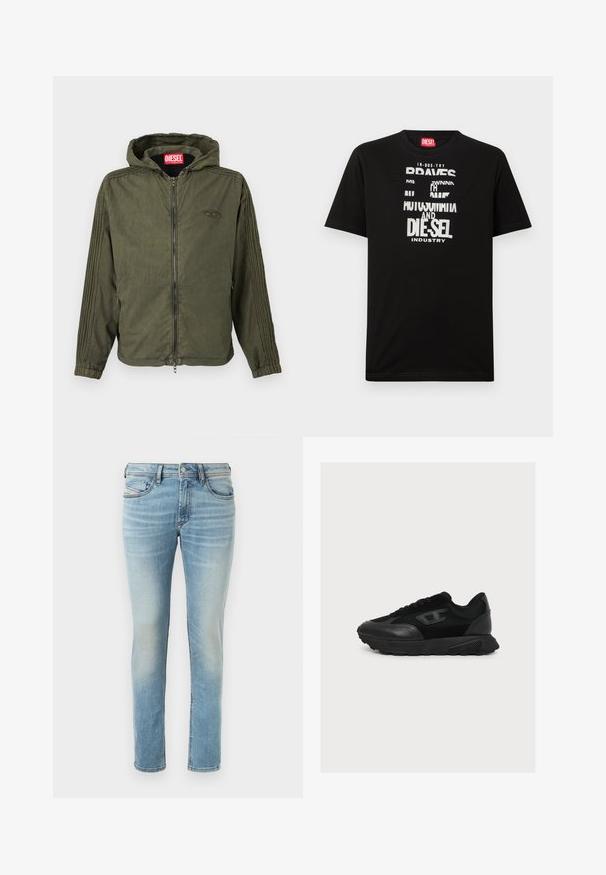 Olivgrüne Kapuzenjacke aus leichtem Stoff. Verfügt über einen Frontreißverschluss, elastische Bündchen und strukturierte Streifen entlang der Seiten. Markenlogo sichtbar.; Schwarzes Baumwoll-T-Shirt mit kräftigen weißen Textgrafiken, darunter "DIESEL" und "INDUSTRY", mit rundem Halsausschnitt und kurzen Ärmeln.; Hellblaue Denim-Jeans mit tailliertem Schnitt, fünf Taschen, subtilen Auswaschungen, mit Knopfverschluss und Gürtelschlaufen.; Schwarzer Sneaker mit niedrigem Schaft, Mesh- und Lederdetails, dicker Sohle und dezentem Logo an der Seite, im Profil vor weißem Hintergrund gezeigt.