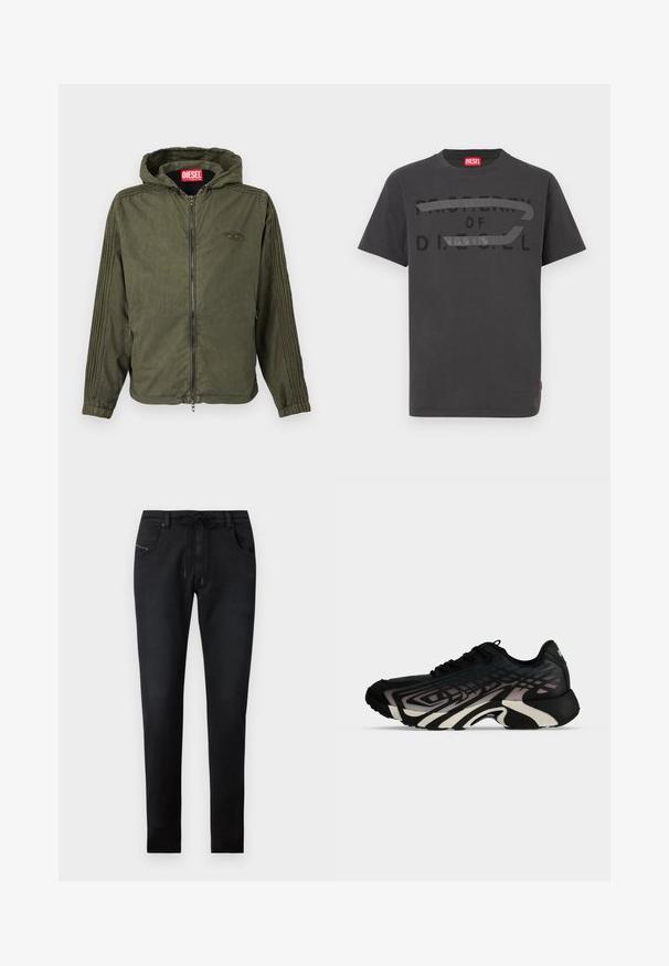 Chaqueta con capucha de color verde aceituna fabricada con tela ligera. Presenta una cremallera frontal, puños elásticos y rayas texturizadas a lo largo de los laterales. Logotipo de la marca visible.; Camiseta de algodón gris con texto negro en negrita que dice "PROPIEDAD DE D.I.E.S.E.L.", textura suave y mangas cortas.; Pantalones de mezclilla negra con corte ajustado, que cuentan con una cintura con cordón, dos bolsillos frontales y detalles de costura sutiles. Textura suave.; Zapatilla deportiva negra y gris con patrones geométricos en capas y suela gruesa y esculpida mostrada de lado sobre un fondo blanco.