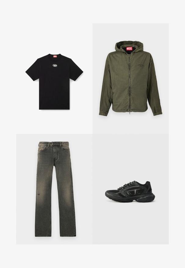 Olivgrüne Kapuzenjacke aus leichtem Stoff. Verfügt über einen Frontreißverschluss, elastische Bündchen und strukturierte Streifen entlang der Seiten. Markenlogo sichtbar.; Schwarzes Baumwoll-T-Shirt mit Rundhalsausschnitt und kurzen Ärmeln. Enthält ein kleines, silbernes Logo, das in der Mitte vorne gestickt ist.; Graue Denim-Jeans mit entspannter Passform, ausgestattet mit einem Knopfverschluss, dezentem Verblassen und Abnutzungen in der Nähe des Knies. Fünf-Taschen-Design.; Schwarze Sport Sneaker mit einem Obermaterial aus Mesh, strukturierten Akzenten und gepolstertem Kragen. Schnürdesign mit einer dicken Gummisohle für Unterstützung.