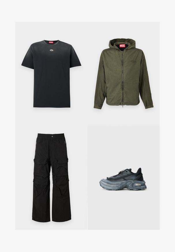 Olivgrüne Kapuzenjacke aus leichtem Stoff. Verfügt über einen Frontreißverschluss, elastische Bündchen und strukturierte Streifen entlang der Seiten. Markenlogo sichtbar.; Schwarzes Baumwoll-T-Shirt mit Rundhalsausschnitt, lockerer Passform, kurzen Ärmeln und kleinem silbernen Logo auf der Brust. Glatte Textur, minimalistisches Design.; Schwarze Cargo-Hosen mit elastischem Bund, mehreren großen Taschen und seitlichen Reißverschlusstaschen. Aus leichtem, strukturiertem Stoff hergestellt.; Schwarz- und graue Diesel-Sneaker mit dicker Sohle, Schnürverschluss und strukturiertem Design auf einem schlichten hellgrauen Hintergrund.