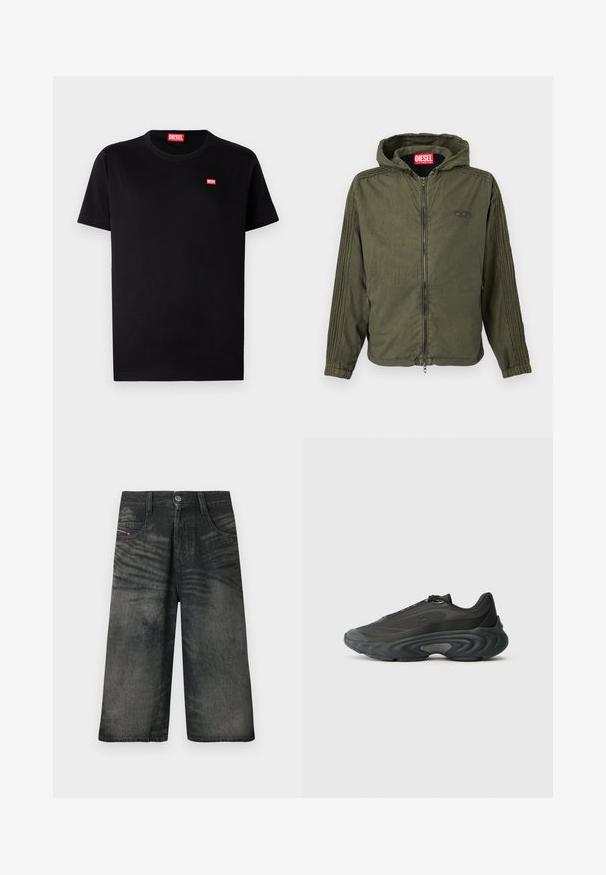 Olivgrüne Kapuzenjacke aus leichtem Stoff. Verfügt über einen Frontreißverschluss, elastische Bündchen und strukturierte Streifen entlang der Seiten. Markenlogo sichtbar.; Schwarzes Baumwoll-T-Shirt mit rundem Halsausschnitt und kurzen Ärmeln. Verfügt über ein kleines rotes Diesel-Logo auf der Brust. Einfaches, klassisches Design.; Schwarze Denim-Shorts mit weitem Bein, vorne mit Knöpfen, Reißverschluss, Gürtelschlaufen und verblassten Designdetails.; Schwarzer Sportschuh mit Mesh- und Synthetik-Obermaterial, schlankem Design, dicker, geschwungener Sohle und strukturierten Akzenten an den Seiten und der Zehenpartie.