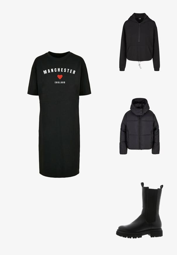 Sort puffersjakke med høj krave og lynlås. Har et quiltet design, elastiske manchetter og to frontlommer.; Sort hættetrøje med lynlås foran, cropped design, kængurulomme, snoretræk i kanten og ribbede manchetter. Glat stofstruktur.; Sort kortærmet kjole med buet kant, prydet med hvid tekst "MANCHESTER" og et rødt hjertegrafik over "ENGLAND." Fremstillet af bomuld.; Sorte læder ankelstøvler med et slankt design, elastiske sidepaneler, grebsløkker og en kraftig gummisål med et takkede mønster.