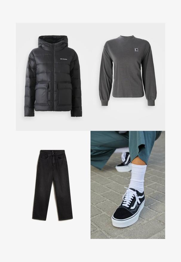 Schwarze Steppjacke aus synthetischem Material, mit Reißverschluss vorne, Kapuze und zwei großen Fronttaschen. Leicht glänzende Textur, gestepptes Design.; Langärmliges graues T-Shirt aus Baumwolle, mit rundem Ausschnitt und elastischen Bündchen, mit einem kleinen quadratischen Logo auf der Brust.; Vans SIRELLE 5 POCKET PUDDLE TROUSERS, - Jeans Straight Leg - black; Schwarze Wildledersneaker mit weißen Akzenten und Schnürsenkeln, ausgestattet mit einer dicken weißen Sohle und kontrastierenden Nähten, kombiniert mit einer weißen Socke.