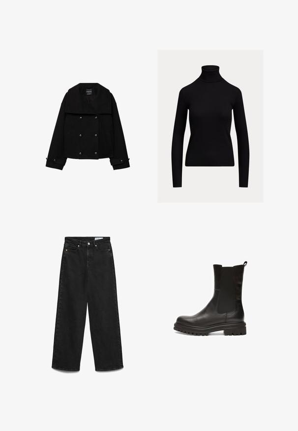 Sort dobbeltradet cropped jakke lavet af uld med store revers, to forlommer og knapdetaljer på ærmerne.; Sort, tætsiddende rullekravebluse med lange ærmer og ribstrikket tekstur, vist på en ensartet lys baggrund.; Sorte jeans med brede ben, fem lommer, knaplukning og bæltestropper, lagt fladt på en hvid baggrund.; Sorte læderankelstøvler med elastiske sidepaneler, afrundet tå og en tyk, tekstureret gummisål med dybe riller for ekstra greb.