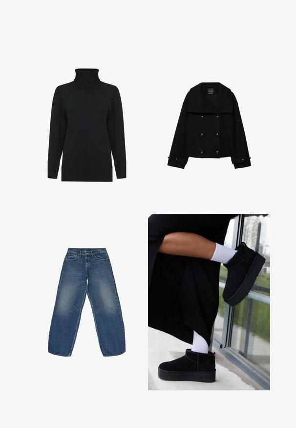 Veste courte noire à double boutonnage en laine, dotée de larges revers, de deux poches avant et d'accents de boutons sur les manches.; Pull à col roulé noir en maille texturée, doté de manches longues et de finitions côtelées aux poignets et à l'ourlet. Design simple et classique.; Jeans en denim à jambe large en bleu moyen, présentant un lavage délavé, un design classique à cinq poches et des coutures solides aux ourlets.; Bottines en cuir suédé noir à semelle plate, avec une languette arrière, portées avec des chevilles blanches sur un fond minimaliste.