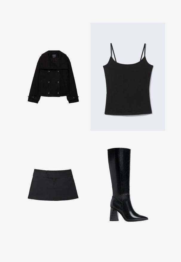 Veste courte noire à double boutonnage en laine, dotée de larges revers, de deux poches avant et d'accents de boutons sur les manches.; Débardeur court noir sans manches avec fines bretelles et encolure droite sur fond gris clair.; Jupe courte noire avec une large ceinture et des détails de couture simples, posée à plat sur un fond blanc.; Bottes noires montantes en cuir lisse, avec un bout pointu et un talon carré avec des rayures verticales. Design minimaliste.