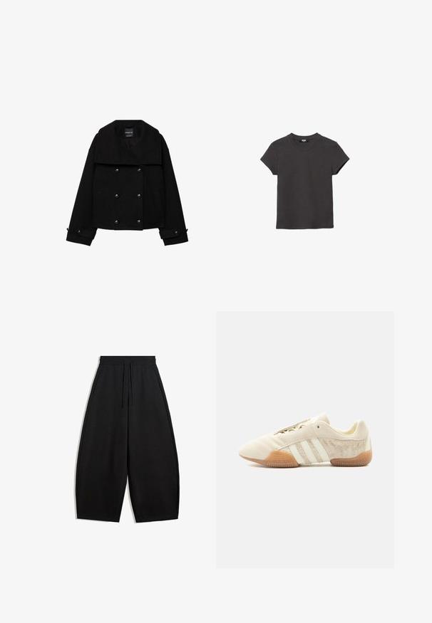 Sort dobbeltradet cropped jakke lavet af uld med store revers, to forlommer og knapdetaljer på ærmerne.; Kulsort, kortærmet, rundhalset bomulds-T-shirt med lige kant, lagt fladt på en hvid baggrund.; Løse sorte brede bukser med elastisk talje og snor, med sidelommer, præsenteret på en hvid baggrund.; Lavprofileret beige sneaker med tre hvide striber, teksturerede ruskindssidepaneler, gummisål og snørelukning på ensfarvet baggrund.