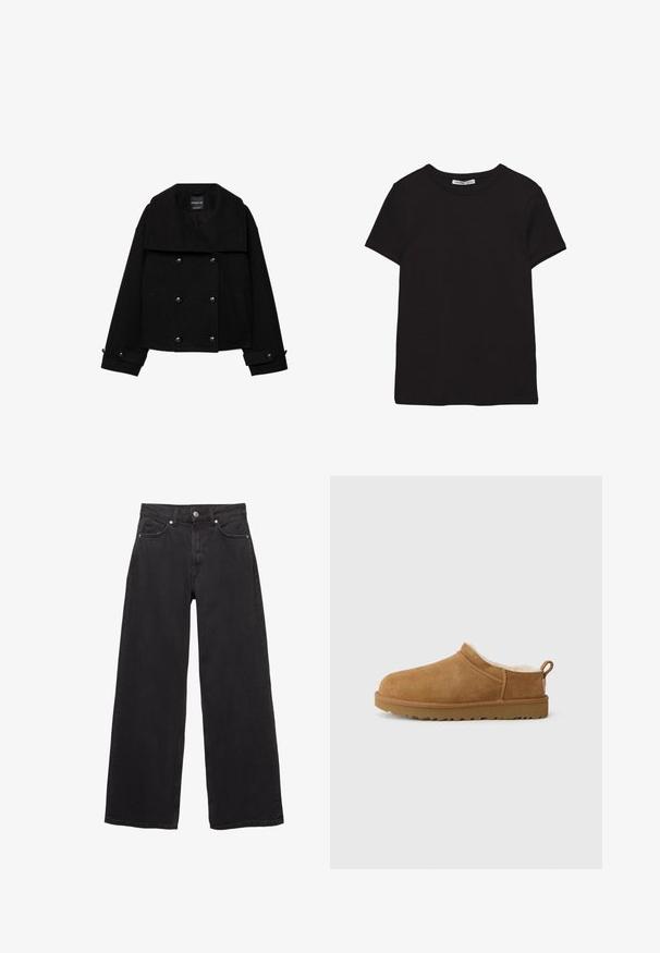 Sort dobbeltradet cropped jakke lavet af uld med store revers, to forlommer og knapdetaljer på ærmerne.; Sort kortærmet t-shirt i bomuld med rund halsudskæring, standard pasform og synlig indvendig halsmærkat.; Sorte denim-jeans med brede ben, høj talje, fem lommer og knappelukning med diskrete syningsdetaljer.; Brune ruskind slip-on sko med blødt, hvidt pelsfor, flad gummisål, rund tå og lille trækstrop ved hælen.