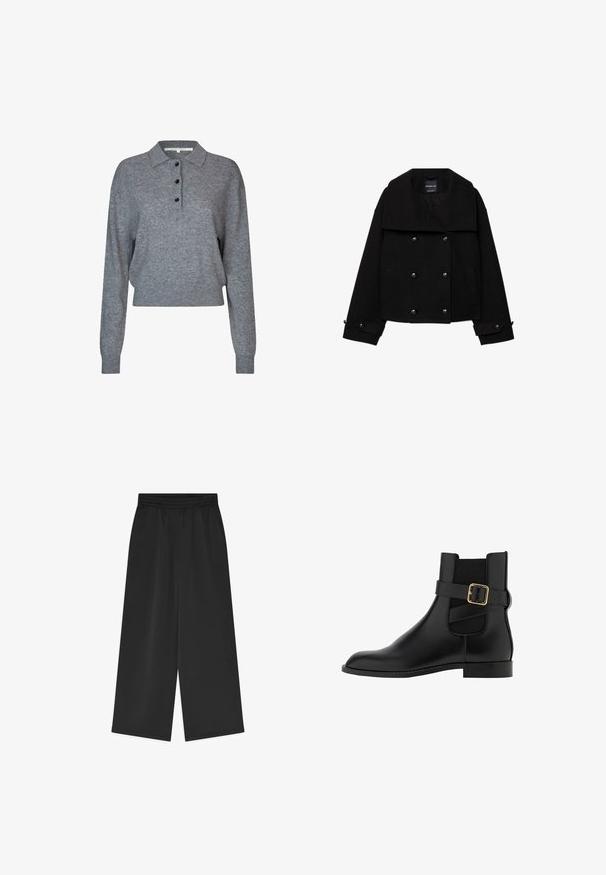 Sort dobbeltradet cropped jakke lavet af uld med store revers, to forlommer og knapdetaljer på ærmerne.; Grå strikket pullover med krave, tre sorte knapper, lange ærmer og cropped kant. Blødt tekstur og enkle design detaljer.; Sorte vide bukser med elastisk talje, glat stof og cropped længde, vist på en hvid baggrund.; Sort læder ankelstøvle med rund tå, elastisk panel på siden og en dekorativ spænde på remmen. Flad sål med diskrete syninger.