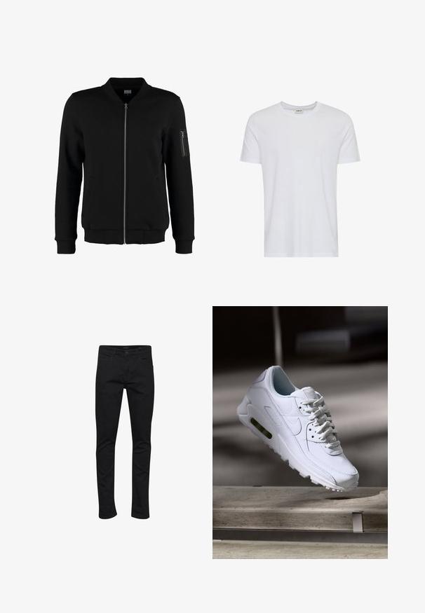 Veste bomber noire en tissu lisse, avec une fermeture éclair à l'avant, deux poches latérales et une poche à manches zippée. Poignets et ourlet côtelés.; T-shirt blanc uni à manches courtes et col rond, présenté sur fond blanc, avec une petite étiquette au col indiquant la marque « Solid ».; Jean noir en denim avec une coupe slim, présentant un design classique à cinq poches, des coutures robustes et une fermeture éclair avec un bouton.; Baskets blanches en cuir avec des surfaces texturées, un col rembourré et un amorti d'air visible dans la semelle. Elles possèdent des lacets et un design minimaliste.