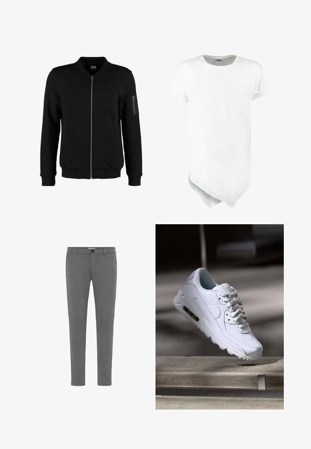 Veste bomber noire en tissu lisse, avec une fermeture éclair à l'avant, deux poches latérales et une poche à manches zippée. Poignets et ourlet côtelés.; T-shirt à manches courtes blanc avec un col rond et un ourlet asymétrique, fabriqué en tissu mélangé coton avec une texture lisse.; Pantalons gris sur mesure en tissu texturé, avec une taille standard dotée de passants de ceinture, une fermeture éclair et un bouton unique.; Baskets blanches en cuir avec des surfaces texturées, un col rembourré et un amorti d'air visible dans la semelle. Elles possèdent des lacets et un design minimaliste.