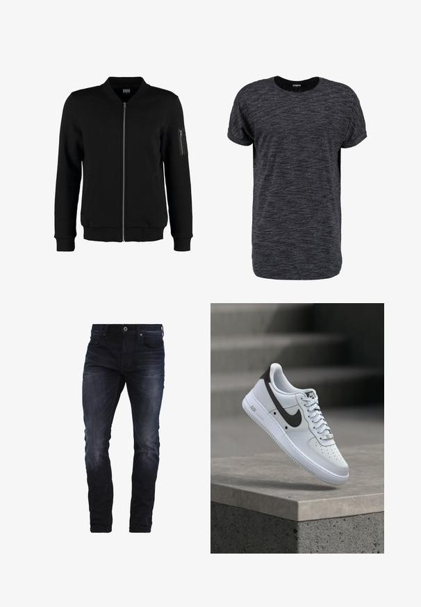 Veste bomber noire en tissu lisse, avec une fermeture éclair à l'avant, deux poches latérales et une poche à manches zippée. Poignets et ourlet côtelés.; T-shirt noir à manches courtes avec un col rond, présentant un tissu texturé avec un motif chiné subtil et une coupe décontractée.; Jeans slim-fit bleu foncé avec un léger délavage sur les cuisses et les genoux, dotés de poches avant, de passants de ceinture et d'une fermeture à bouton.; Baskets blanches Nike Air Force 1 avec logo Swoosh noir, flottant au-dessus d'un rebord en béton avec des escaliers flous en arrière-plan.