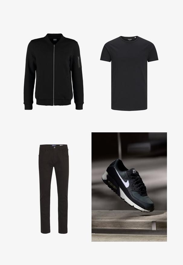 Veste bomber noire en tissu lisse, avec une fermeture éclair à l'avant, deux poches latérales et une poche à manches zippée. Poignets et ourlet côtelés.; T-shirt en coton noir avec un col rond, des manches courtes et un design simple. Texture lisse, sans motifs ni éléments visibles.; Pantalons en mélange de coton noir, coupe slim, avec une fermeture à bouton, cinq poches, et une texture lisse. Présente des détails de couture classiques.; Baskets Nike Air Max noires et grises avec un logo blanc, suspendues au-dessus d'une surface en béton sur un fond sombre flou.