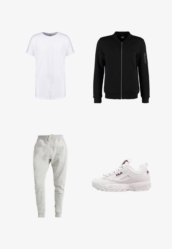 Chaqueta bomber negra hecha de una tela suave, con un cierre frontal, dos bolsillos laterales y un bolsillo en la manga con cremallera. Puños y dobladillo acanalados.; Camiseta blanca lisa de manga corta con puños remangados y cuello redondo, mostrada sobre un fondo blanco.; Pantalones de chándal gris claro fabricados con una tela suave y texturizada. Cuentan con una cintura elástica con cordón y puños acanalados. Dos bolsillos laterales.; Zapatilla deportiva blanca con un upper de cuero suave, cuello acolchado, paneles laterales texturizados y un logotipo de marca en rojo y azul.