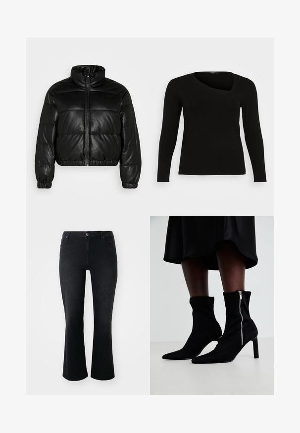 Pieces Curve PCJEVI SHORT PADDED - Vinterjakker - black; Sort langærmet top lavet af ribbet materiale med asymmetrisk halsudskæring og tætsiddende design. Glat tekstur med en slank silhuet.; Sorte denim jeans med mid-rise talje, frontknap, to frontlommer, to baglommer og flared ben.; Sorte ankelstøvler med en strækbart stofoverdel, spids tå og en sidelukning med lynlås, sat på en slank, høj hæl.