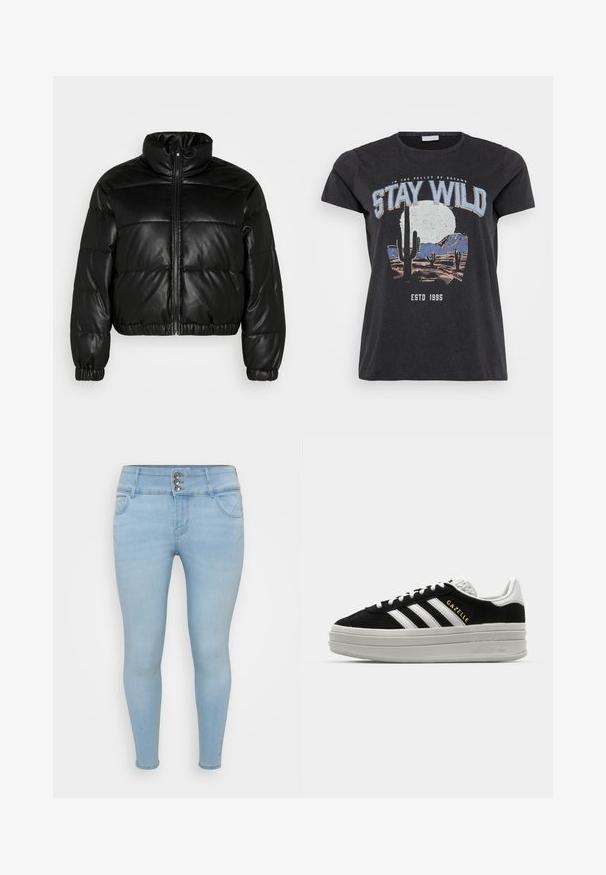 Pieces Curve PCJEVI SHORT PADDED - Vinterjakker - black; Sort bomulds t-shirt med et grafisk print af en ørken-scene med kaktusser, en måne og sætningen "STAY WILD" i blå skrifttype.; Lysblå skinny jeans lavet af denim. Har tre-knaps lukning, to frontlommer og en glat tekstur.; Sort ruskind sneaker med hvide læderdetaljer, tre hvide striber, flade snørebånd og en tyk grå platformsål. Guldfarvet "Gazelle" branding.