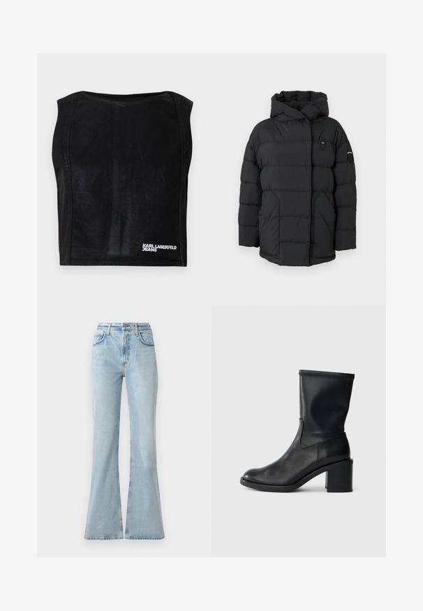 Mustapuffer takki hupulla, jossa on tikatut osat, etuvetoketju ja pieni logopatch vasemmassa olkapäässä. Liukas pinta.; Mustat hihattomat lyhyt paita, jossa on venekaula-aukko ja valkoinen "KARL LAGERFELD JEANS" -logo ala-oikeassa kulmassa.; Vaaleansiniset farkut, joissa on levenevä lahje ja korkea vyötärö, etutaskut, napitus ja hieman kulutettu pinta.; Musta nahkasaapas nilkkamallilla, pyöreällä varrella, sileällä pinnalla ja paksulla korolla, jossa on tiukka varsi ja hienovarainen ompeluyksityiskohta.