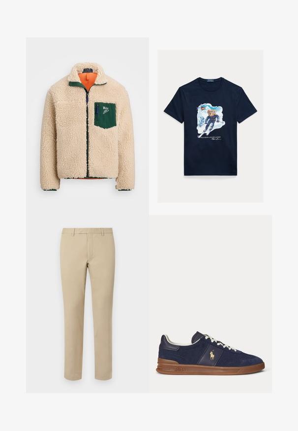 Crème fleecetrui met een groene ritszak en kraag, voorzien van een oranje voering en een ritssluiting. Inclusief contrasterende stikseldetails.; Marineblauw katoenen T-shirt met een afbeelding van een beer die skiet, een skibril draagt, met een helikopter erboven en besneeuwde bergen op de achtergrond.; Beige katoenen broek met een rechte snit, voorzien van riemlussen, een platte voorkant en op maat gemaakte zoom. Glad textuur en minimale details.; Marineblauwe lage sneaker met witte veters, bruine zool en Polo-spelerlogo aan de zijkant, gezien van links.