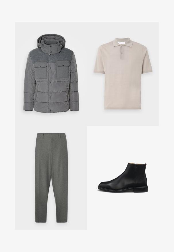 Grå polstret jakke med strikoverdel, trykknaplukning, to brystlommer og hætte. Har quiltet tekstur og lynlåslomme.; Kortærmet polo-shirt i lys beige bomuld, med klassisk krave, to-knaps placket og en glat, struktureret finish.; Grå skræddersyede bukser lavet af et blødt stof. Har en talje, bæltestropper og et tapered ben-design. Glat tekstur, ingen mønstre.; Sort læderankelstøvle med sidelås, glat overdelsmateriale, lav blokhæl og trækflap bagpå, vist i profil mod en hvid baggrund.