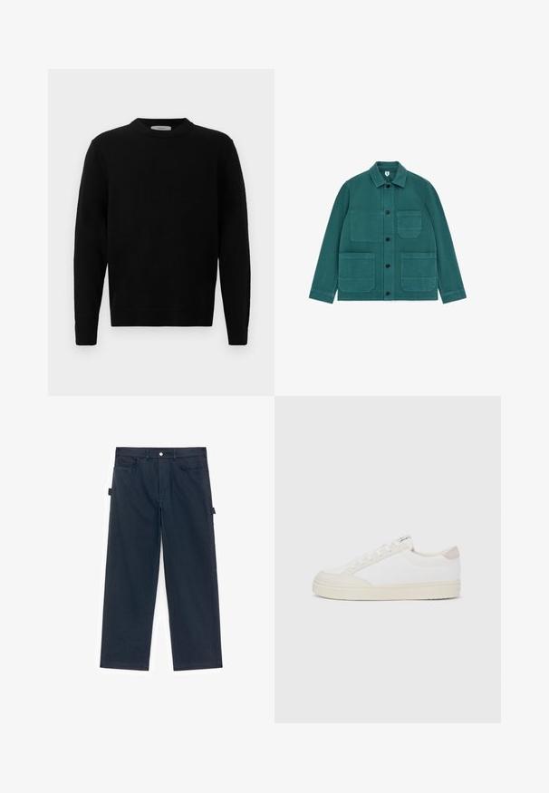 Grøn jakke med knapper og krave, med en brystlomme og to store lommer foran nederst, lavet af et robust stof.; Sort strik sweater med rund hals, lange ærmer og ribbede manchetter. Blød tekstur med et rent, minimalistisk design, velegnet til afslappet brug.; Mørkeblå cargobukser lavet af bomuld, med lige ben, sidelommer og knaplukning ved taljen.; Hvid sneaker med øverste lag i tekstureret lærred, glatte beige detaljer ved hælen og en gummisål. Har rundet tå og snørelukning.