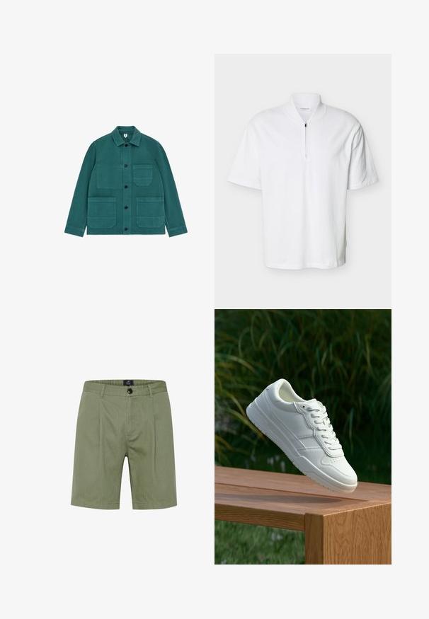 Chaqueta verde abotonada con cuello, que cuenta con un bolsillo en el pecho y dos grandes bolsillos frontales inferiores, fabricada con una tela resistente.; Camisa blanca de manga corta con cuello alzado y medio cierre de cremallera en la parte delantera, confeccionada con una tela lisa y ligera.; Pantalones cortos verde oliva con un diseño a medida, que presentan un cierre de botón, bolsillos frontales y sutiles rayas verticales en una tela suave y texturizada.; Zapatilla de cuero blanca con una textura suave, que presenta un diseño perforado, cordones clásicos y suela de goma, posicionada sobre una superficie de madera.