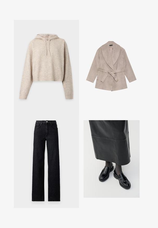 Taupe uldblandede frakke med bredt notched krave, lange ærmer og et bundet bælte i taljen. Har en glat tekstur og subtile sømdetaljer.; Beige strikket cropped hættetrøje med lange ærmer og snore, vist på en ensfarvet lys baggrund.; Højtaljede sorte denim jeans med knap- og lynlåslukning, for- og baglommer samt lige ben.; Sorte læder loafers med en glat finish, prydet med en dekorativ rem, rund tå og tekstureret sål. Båret med en lang sort læderskirt.