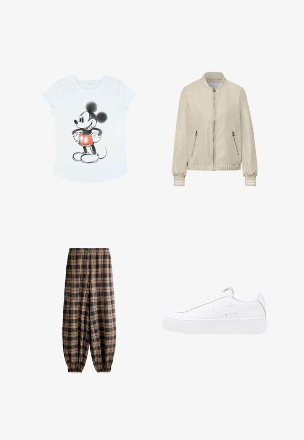 Lysebeige bomberjakke med frontlynlås, to lynlåslommer i siderne, ribstrikket krave, manchetter og kant med hvide striber.; Hvid t-shirt med korte ærmer, der har et grafisk motiv af Mickey Mouse, illustreret i sort og rød med overdimensionerede ører og runde sko.; Løse bukser med elastisk talje og manchetter med brun og sort ternet mønster.; Hvide platform sneakers med overdel i læder, rund tå og snørelukning. Har sidelufthuller og diskret branding på hælen.
