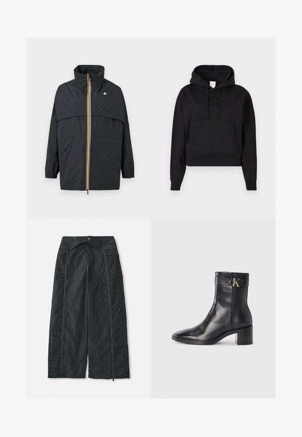 Sort letvægtsjakke med høj krave, flerfarvet stribet lynlås, elastiske manchetter og sidelommer, med en lille logo på brystet.; Sort cropped hoodie lavet af blødt stof, der har en frontlomme, snoretræk i hætten og et diskret broderet logo på brystet.; Sort brede bukser lavet af letvægtsmateriale, der har teksturerede mønstre på siderne og lynlåsåbninger ved kanten.; Sort læder ankelstøvle med spids tå, blokhæl og en rem med en metallisk logo detalje. Glat tekstur og minimalistisk design.